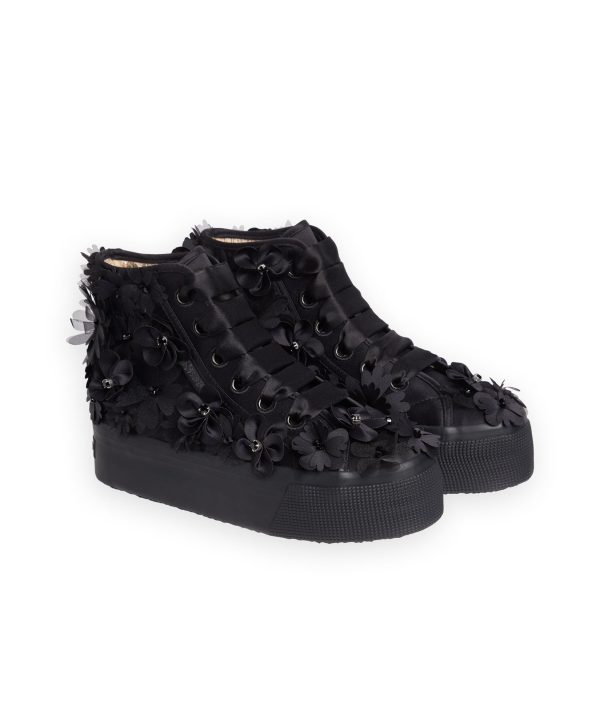 SUPERGA BLACK FLOWERS PLATFORM SNEAKER Cheap